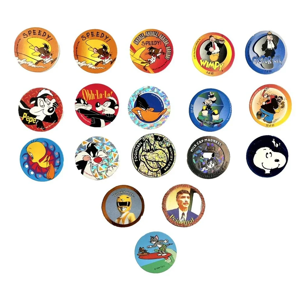 Lot Of 18 Pogs Milk Caps Vintage 1995 Looney Tunes, Power Rangers, Snoopy & More